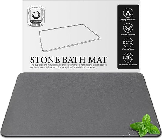 Diatomite Stone Bath Mat, Premium Non-Slip Natural Diatomaceous Earth Bathtub Fast Drying Mats for Bathroom Floor (23.6" x 15.4" Dark Grey)