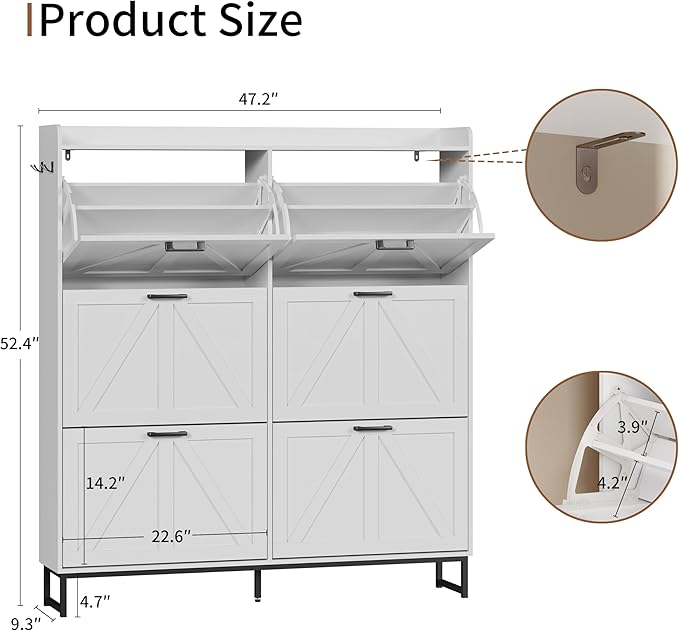 Shoe Cabinet with 6 Flip Drawers, Freestanding Hidden Shoe Storage Organizer for Entryway, Narrow Slim Shoe Rack Cabinet with Open Storage & Hooks for Front Door Entrance, Living Room, Hallway, White