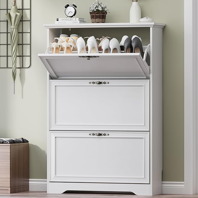3 Flips Shoe Cabinet for Entryway, Narrow Shoe Storage Cabinet with Adjustable Shelves, Wooden Space-Saving Organizer and Rack for Foyer, Closet, Hallway