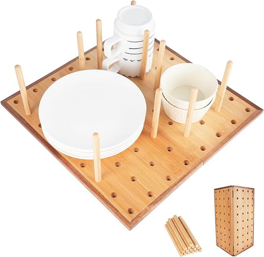 Foldable Pegboard Organizer for Kitchen – Bamboo Base & Acacia Wood Edge Dish Rack for Kitchen Countertop, Cabinet, and Drawer, 16 Removable Pegs, 15.7" x 15.7"