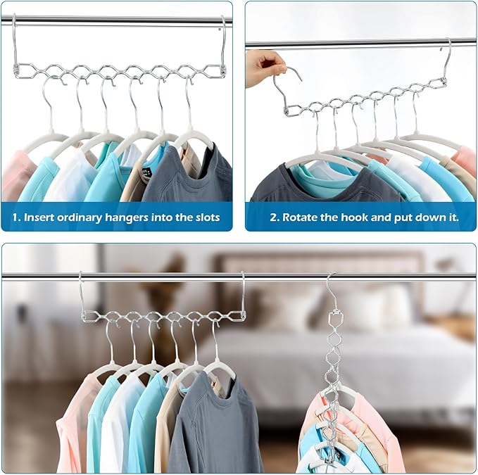 10 Pack Space Saving Hangers for Clothes, Heavy Duty 30Lbs Capacity Magic Collapsible Clothes Space Saver Metal Hanger Organizer with 360° Swivel Hook, Closet Organizers Storage Dorm Essentials Silver