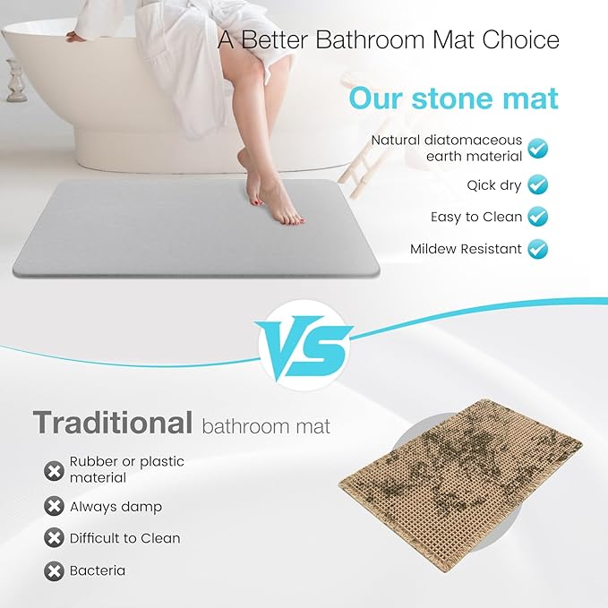 Large Diatomite Stone Bath Mat, Premium Non-Slip Natural Diatomaceous Earth Bathtub Fast Drying Mats for Bathroom Floor (30" x 17" Light Grey)