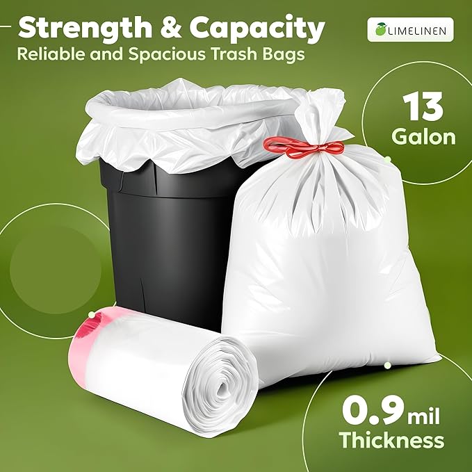 LIMELINEN Tall Kitchen Trash Bags with Drawstring, 800 Count, 13-gallon Trash Bag of 0.9 mil Thickness, Leak and Odor-Resistant, Heavy-Duty Plastic Garbage Bags for Home and Commercial Use