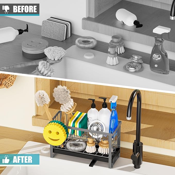 Sponge Holder for Kitchen Sink with Flexible Sink Caddy Smiley Face,2 Tier Kitchen Sink Organizer Countertop and Storage Essentials,Soap Dispenser Organize,Home Decor Accessories-Gray