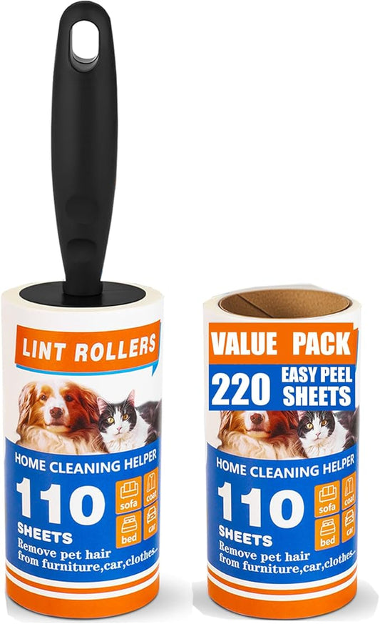 Lint Roller 220 Sheets with 1 Handle, Pet Hair Remover for Laundry, Extra Sticky Lint Rollers for Pet Hair on Clothes, Furniture & Car - Dog & Cat Hair Removal Tool