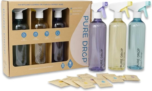 Pure Drop Eco-Friendly Cleaning Starter Kit – 3 Reusable Spray Bottles & 9 Concentrated Cleaning Tablets | Multi-Surface, Glass & Mirror, Bathroom Cleaner |Non-Toxic, Zero Waste, Plastic-Free Cleaning