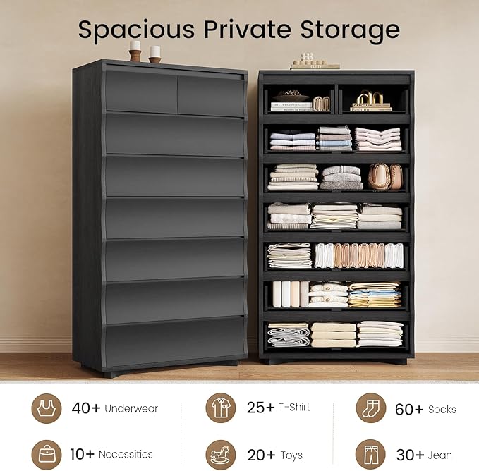 SUCSSRICH Black Tall Dresser for Bedroom, 61.1" Tall Dresser with 8 Drawers, Wood Dressers & Chests of Drawers, Accent Upright Drawer Organizers for Closet, Hallway