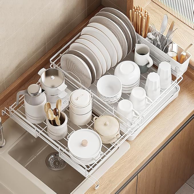 Large Dish Drying Rack - Expandable Dish drainers for Kitchen Counter,Over The Sink Dish Drainer Drying Rack,Rustproof Dish Drainer with Utensil Holder and Drainboard White