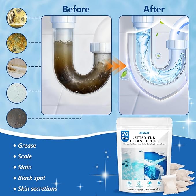 USKICH 20 Pods Jetted Tub Cleaner Bathtub- Jet Bathtub Cleaner,Jetted Tub Cleaning Solution Compatible with Spa Bath & Whirlpool,Septic Safe Bath Jet Scale and Residue Remover
