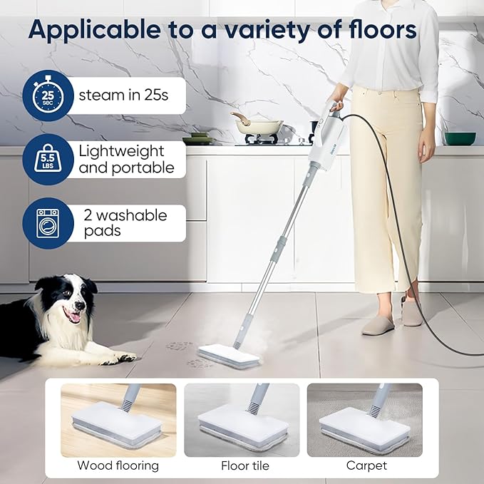Steam Mop for Floor Cleaning, Steam Cleaner for Home with Handheld 6-in-1 Multi-function Attachments for Hardwood Floors, Clothes, Windows, Tiles Grout, Furniture Cleaning (off-white)