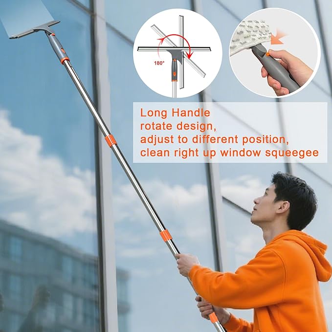 Window Squeegee with Long Handle, 57 inch BITOPE Glass Cleaner Tool with Telescopic Pole, Microfiber Cleaning Pads & Chenille Cloth for Car Windshield, Mirror, Door, Solar Panel, Inside/Outside Window