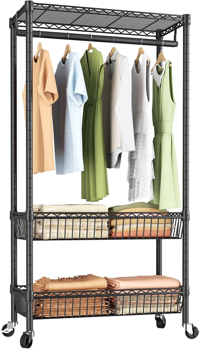 Heavy Duty Clothes Rack Rolling Garment Rack,Adjustable Wire Shelving Clothing Racks for Hanging Clothes with Hanger&Double Basket,Freestanding Metal Wardrobe Storage Portable Closet