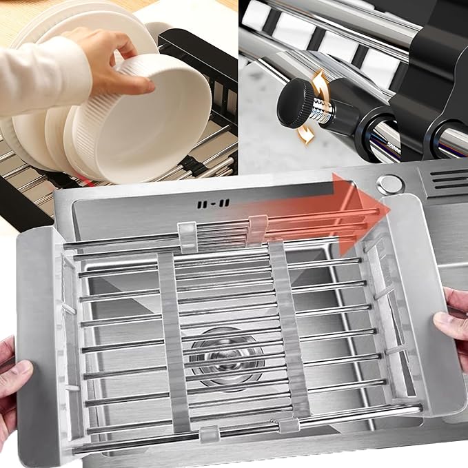 Large Dish Drying Rack - Extendable Dish Rack, Multifunctional Dish Rack for Kitchen Counter, Anti-Rust Dish Drainers with Cutlery and Cup Holders (Black)