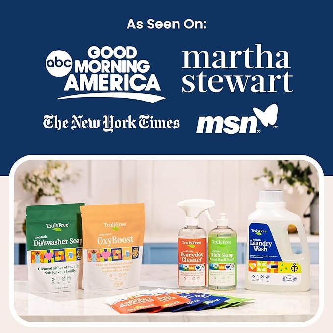 Truly Free Natural Concentrated Dish Detergent Dishwashing Liquid | Plant-Based Dish Soap | Sweet Basil Fresh Scent | 2 Refill Packs with 1 Empty Refillable Squeeze Bottle (16 Oz)