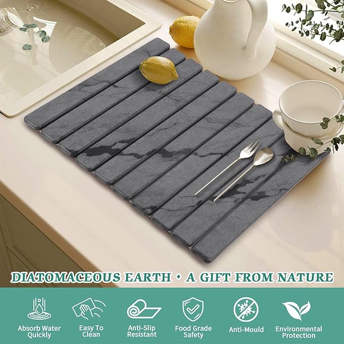 Stone Dish Drying Mat for Kitchen Counter, 24''×15'' Dishes Drying Matt Kitchen Counter, Absorbent Diatomaceous Earth Bath Quick Dry Mats for Tableware, Bottles and Cup(Dark Grey Marble)