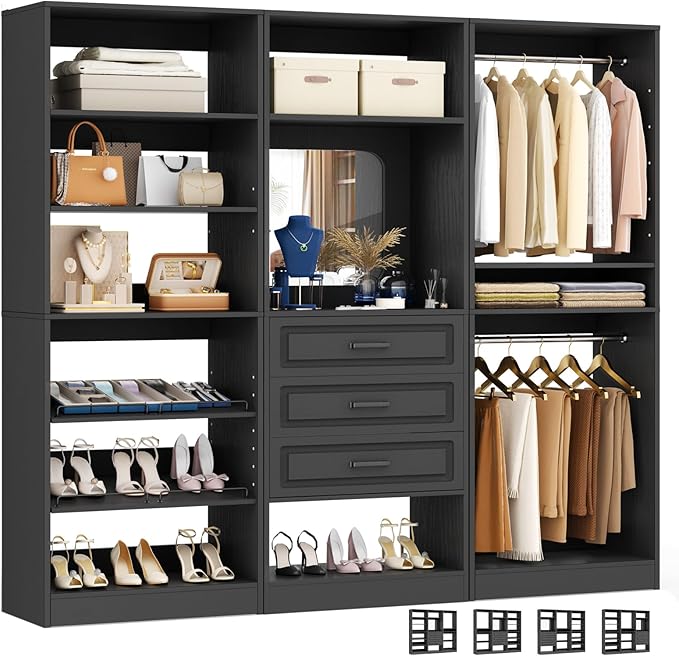 Unikito Modular Closet System with 3 Sets, 75”Closet Organizer System With Drawers, Mirror, Hanging Rods and Adjustable Shelves, Freestanding Wood Wardrobe Garment Rack, Walk in Closet Tower, Black