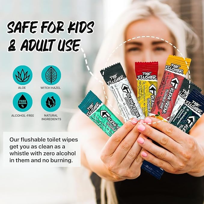 THE KLEAN FREAK FLUSHER - Flushable Wipes For Adults & Kids - 100% BIODEGRADABLE Individual Wrapped Travel WET Wipe for Toilet - Soothing Aloe & Witch Hazel - Alcohol Free 20 Pack - Spearmint Rush