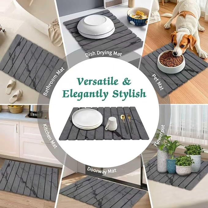 Stone Dish Drying Mat for Kitchen Counter, 24''×15'' Dishes Drying Matt Kitchen Counter, Absorbent Diatomaceous Earth Bath Quick Dry Mats for Tableware, Bottles and Cup(Dark Grey Marble)