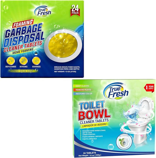 True Fresh 24 toilet Bowl Cleaner & 24 Garbage Disposal Cleaner Tablets, Ultimate Cleaning Tablets combo that Eliminates Odors, septic safe- 12 Month Supply