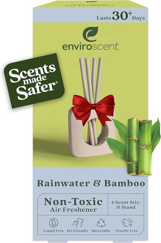 Enviroscent Non-Toxic Air Freshener for Home Essential Oil Diffuser | Fragrance Lasts Over 30 Days | Kit includes 1 Mango Wood Stand & 1 Scent Stix Refill (Rainwater & Bamboo)
