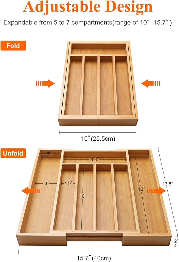 Large Bamboo Kitchen Utensil Drawer Organizer Expandable Flatware Silverware Tray Adjustable Cutlery Drawer Organizer Divider Insert Wood Silverware Utensil Holder Tray Spoon and Fork Organizer