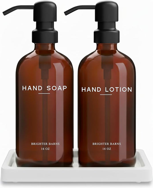 Amber Glass Soap and Lotion Dispenser Set with Tray by Brighter Barns - Hand Soap Dispenser Bathroom Set & Stainless Steel Pump for Home, Restaurant, Spa - Neutral Bathroom Decor & Accessories (Amber)