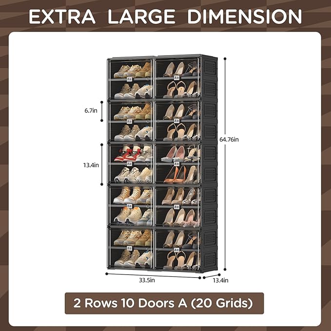 Shoe Rack Organizer Cabinet for Closet Entryway,Clear Shoe Storage Boxes Stackable Sneaker Storage with Door Easy Assembly Black Shoe Cabinet with Lids Large 10 Tiers 40 Pairs