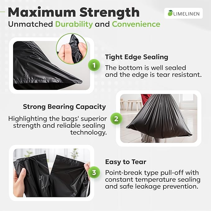 LIMELINEN 30 Gallon Garbage Trash Bags, 200 Count, 1.2 mil Extra Thick Trash Bags with Drawstring Closure, Leak and Odor-Resistant Large Plastic Bags For Office, Home, Hospital, Big Waste Binst