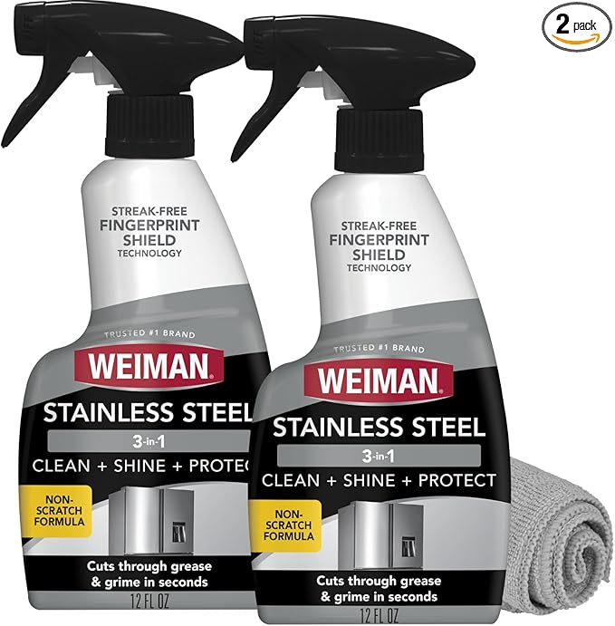 Weiman Stainless Steel Cleaner and Polish, 3-in-1 Stainless Steel Cleaning Spray for Appliances, Cuts Grease & Grime, Removes Fingerprints, Smudges, Residue & Water Spots, Streak-Free Shine