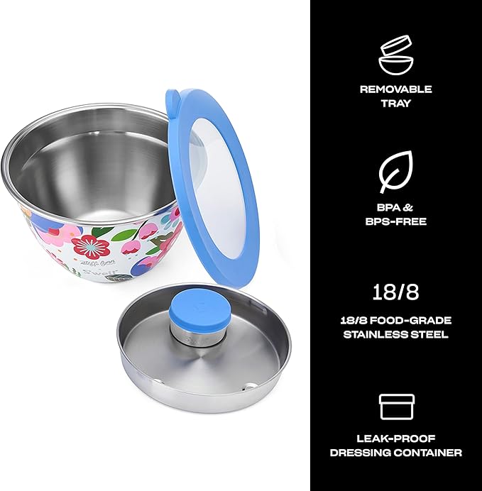 S'well Stainless Steel Salad Bowl Kit 64oz, Steffi Lynn x S'well, Comes with 2oz Mini Canister and Removable Tray for Organization, Leakproof, Easy to Clean, Dishwasher Safe