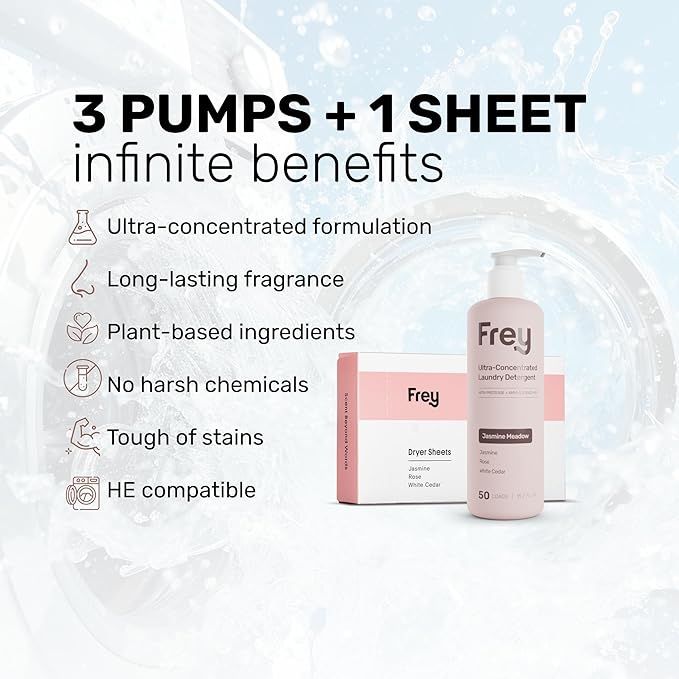 FREY Classic Laundry Bundle – Concentrated Liquid Detergent (Up to 50 Loads) + Dryer Sheets (30 Sheets) – Plant-Derived Formulation, HE Compatible (Jasmine Meadow)