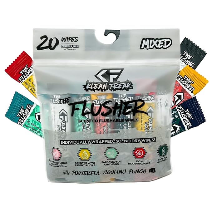 THE KLEAN FREAK FLUSHER - Flushable Wipes For Adults & Kids - 100% BIODEGRADABLE Individual Wrapped Travel WET Wipe for Toilet - Soothing Aloe & Witch Hazel - Alcohol Free 20 Pack - Mixed