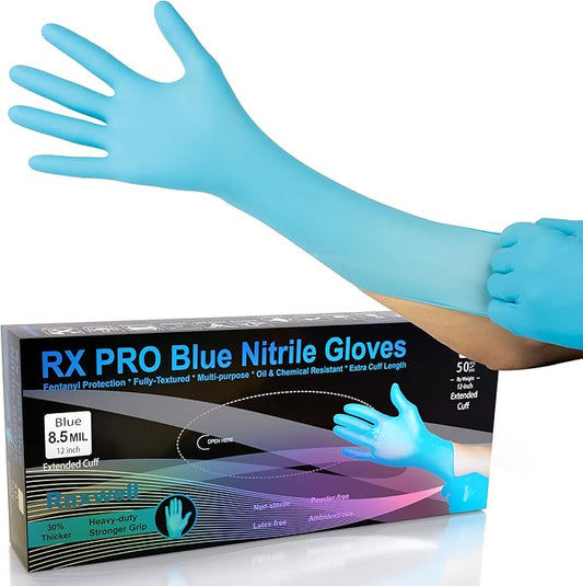 Raxwell Blue Nitrile Disposable Gloves - 8.5mil, Extended Cuff, Latex Free, Food Safe - Waterproof Textured Cleaning Gloves