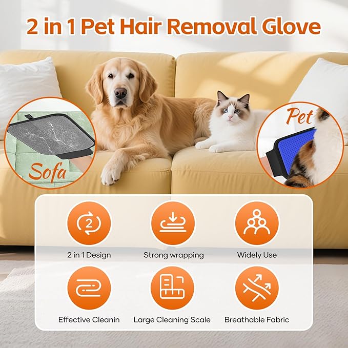 2 in 1 Pet Hair Removal Glove, Upgraded Pet Hair Remover Tool with Wrist Strap, Gentle Shedding Silicone Brushes for Dogs & Cats, Efficient Pet Hair Gloves for Couch Carpet Clothing (Blue)