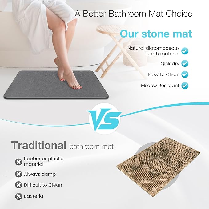 Diatomite Stone Bath Mat, Premium Non-Slip Natural Diatomaceous Earth Bathtub Fast Drying Mats for Bathroom Floor (23.6" x 15.4" Dark Grey)