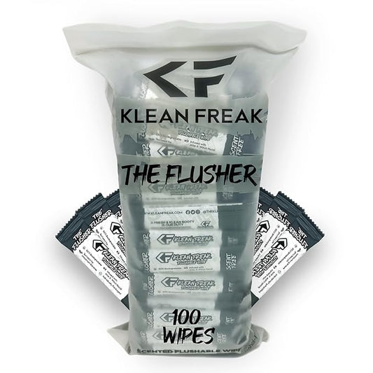 THE KLEAN FREAK FLUSHER - 100 Pack FLUSHABLE WIPES Flushable Wipes For Adults & Kids Unscented/Scented - 100% BIODEGRADABLE Individual Wrapped Travel WET Wipe for Toilet - Scent Free