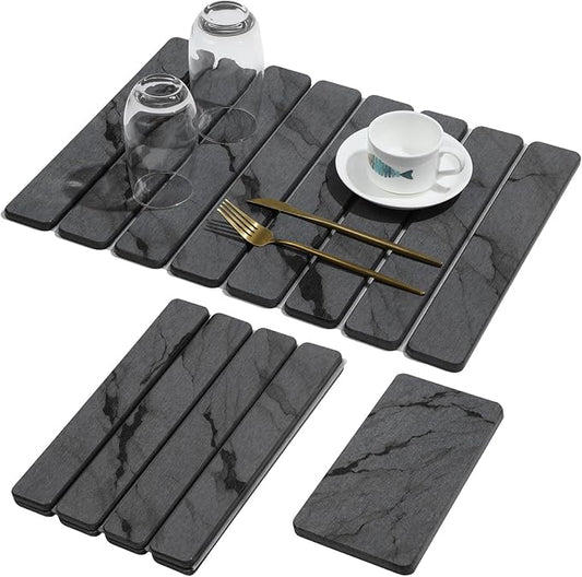 2 PCS Stone Dish Drying Mat for Kitchen Counter,Quick Dry Stone Dishes Mats,Marbled Water Absorbing Diatomaceous Earth Drying Pad for Countertop Bottles Utensils Cups（Dark Gray 20"×14" & 8"x4"）