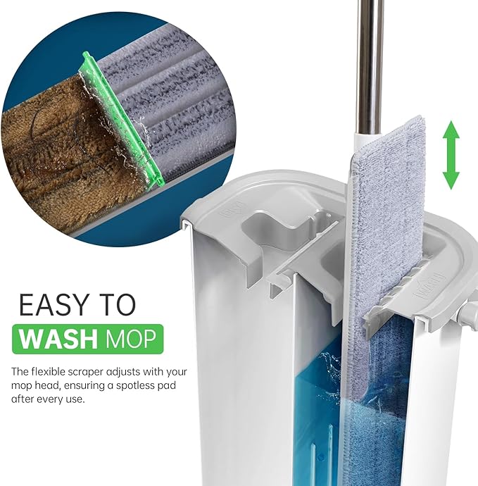 Wall Mop and Bucket Set: Wringing Wall Scrubber for Bathroom Cleaning Floor Mop with Spinner for Kitchen Lovely Gift for Women 6 Reusable Pads