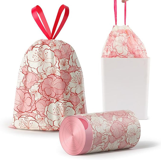Trash bags, 4 Gallon Trash Bags Drawstring, Colorful & Portable Small Trash Bags with Plum Blossom Printed, Tear-Resistant Garbage Bags 4 Gallon for Bathroom Office Trash Cans, 80 Count