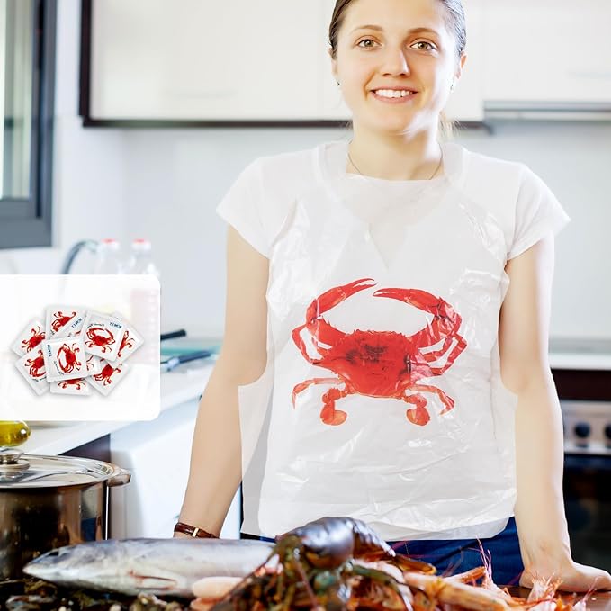 Nonley 60/100 Pack Crab Bib + Wet Wipe Set, Disposable Plastic Crawfish Bibs for Adults Seafood Boil Party Supplies