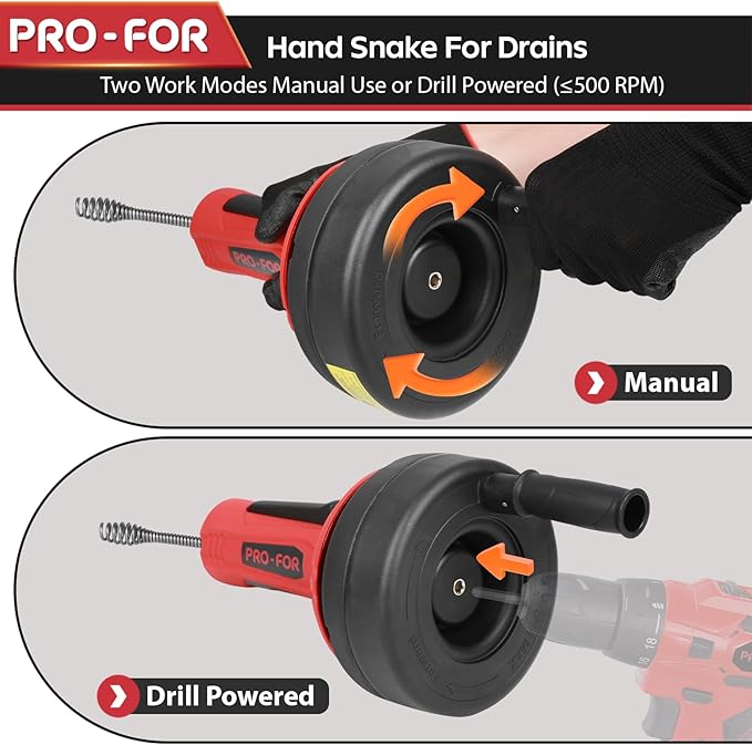 Drain Auger, 16.4FT Plumbing Snake Drain Clog Remover, Manual & Drill Powered Drain Snake for 0.75–2 Inch Pipes, Sink, Shower, Bathtub, Toilet, Kitchen Drain Cleaner Tool with Steel Cable
