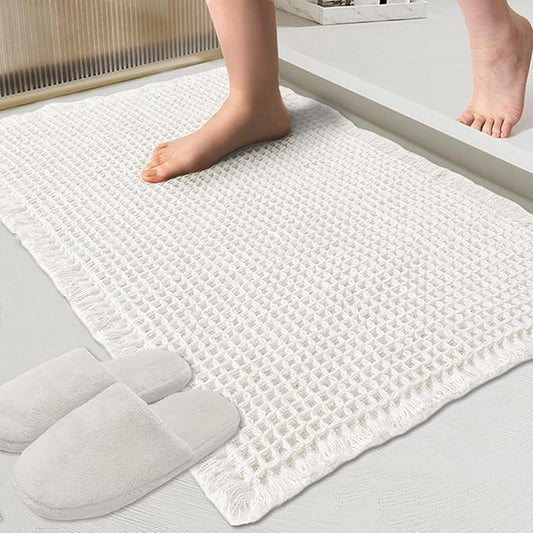 ZALL Waffle Bath Mat White Super Absorbent Non Slip Bathroom Rug 24x48inch,Machine Washable Ultra Soft Floor Mats