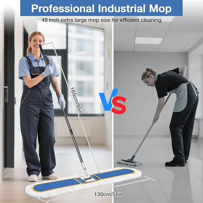 48" Commercial Industrial Dust Mop for Floor Cleaning, Large Floor Dust Broom with Washable Mops Pads, Wet Dry Duster Mops for Hardwood Floors,Marble, Laminate, Tile, Concrete, Garage,Blue