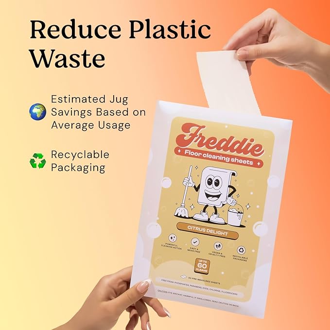 Freddie Floor Cleaning Sheets - Citrus Delight Scent - Plastic Jug-Free - Multi-Surface Cleaner for Hardwood Tile Vinyl - 60 Uses (30 Sheets)