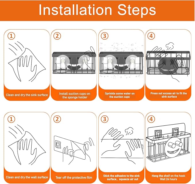 Sponge Holder Smiley Face,Sink Caddy for kitchen Sink,Sponge Holder with 2 PCS Suction Cups/1 PCS Adhesive Strips,Designed for Sponge,Soap,Dish brush,Scrubber-Silver