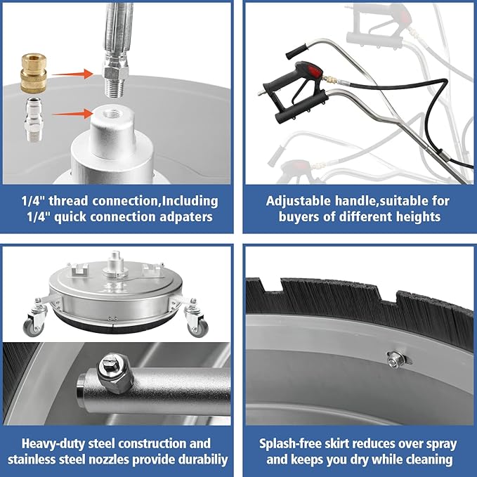 janz 20" Pressure Washer Surface Cleaner with 4 Wheels,Dual Handle,Stainless Steel Housing, 4 Replacement Nozzles and 2 Hose Adapters,Ideal for Driveways, Sidewalks,Patios,Decks Cleaning