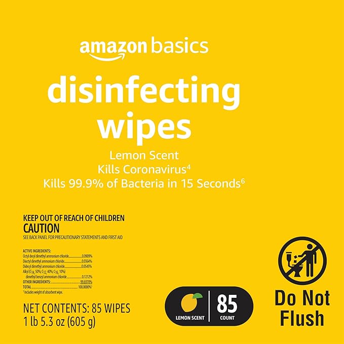 Amazon Basics Disinfecting Wipes, Lemon & Fresh Scent, Sanitizes/Cleans/Disinfects/Deodorizes, 255 Count (3 Packs of 85)