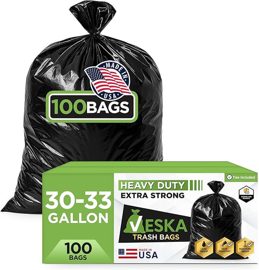 Veska 33 Gallon Trash Bags, (Huge 100 Bags w/Ties) Large Black Garbage Bags 30 Gallon, 32 Gallon, 35 Gallon Trash Can Liners