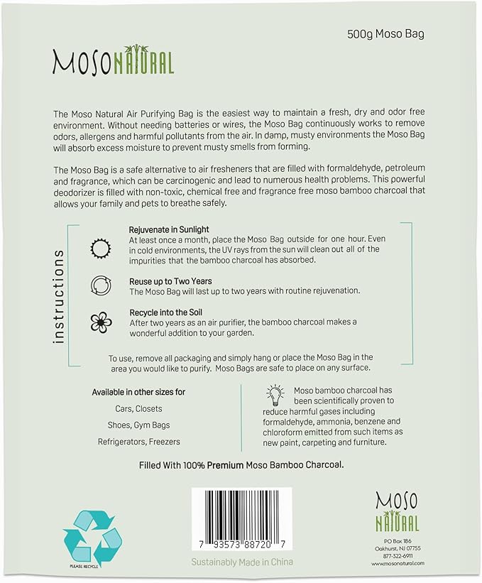 Moso Natural Air Purifying Bag 500g (3 Pack) Premium Bamboo Charcoal Odor Absorber for Home, Bedroom, Kitchen, Basement | Unscented Pet Odor Eliminator | Large Charcoal Deodorizer Bag Covers 250sqft