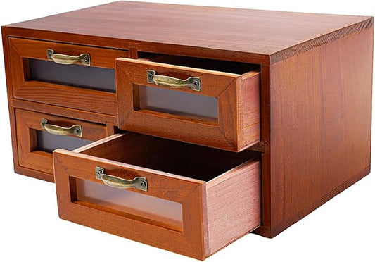 4PCS Card Catalog Desk Drawer Organizer,Wooden Vintage Apothecary Cabinet with 16 Drawers for Bedroom Home Office (23.6 * 7.3 * 12in Brown)